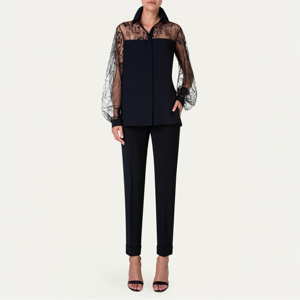 AKRIS Mixed Media Embroidered Mulberry Silk Blouse